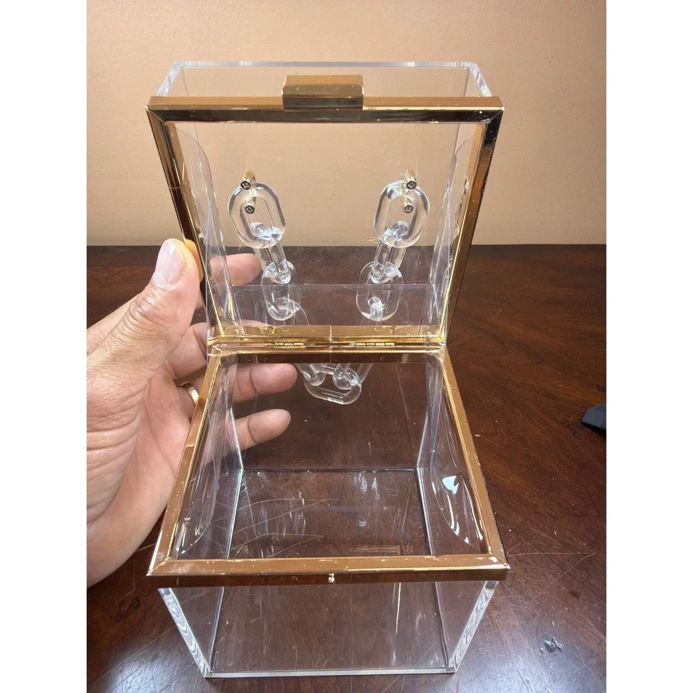 Clear Acrylic Box Clutch Bag with Gold Hardware and Chunky Chain Handle‎